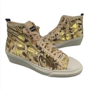 Desigual Elefante Canvas Wedge Sneakers Metalic Print Gold Fun Artsy Street 7.5